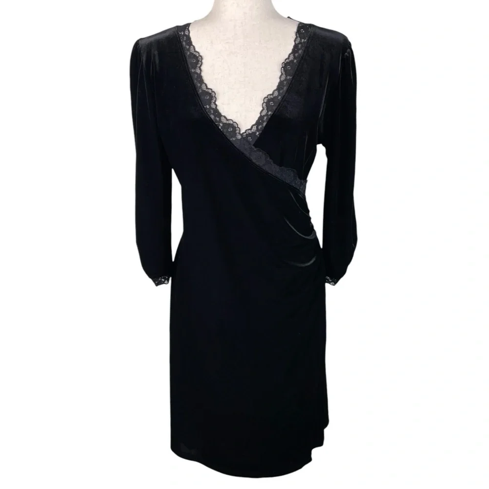 Vintage Y2K Apt 9 Black Velvet Lace Trim Midi Dress Size Large Whimsigoth Gothic